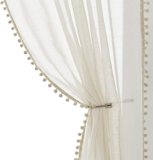 Treatmentex Pom Pom Linen Sheer Curtains for Living Room 63 inches Length Slub Textured Natural Farmhouse Window Sheers Drapes 52" w x 2 Pack, Rod...