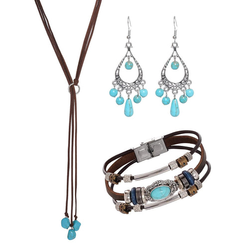 Bohemian Turquoise Jewelry Set for Women, Vintage Turquoise Necklace Earrings Bracelet for Western Boho Party (Vintage)...