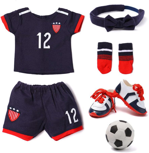 18-inch Girl Doll Clothes Accessories - Team USA 6 Piece Soccer Uniform Clothing Includes Headband,Shirt,Shorts, Socks,Shoes and Football Fits 18"...