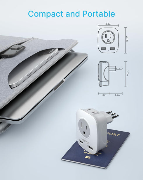 Italy Travel Plug Adapter, VINTAR US to Italy Power Adapter with 2 American Outlets, 3 USB and 1 USB-C Ports, 6 in 1 Type L Plug Adapter for USA t...