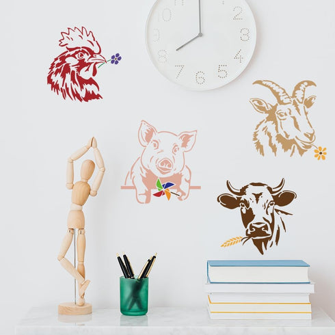 4pcs Pig Cow Goat Cock Stencil 11.8×11.8inch Large Farm Animals Stencil Reusable Windmill Flower Chicken Drawing Templates with Paint Brush for Fu...