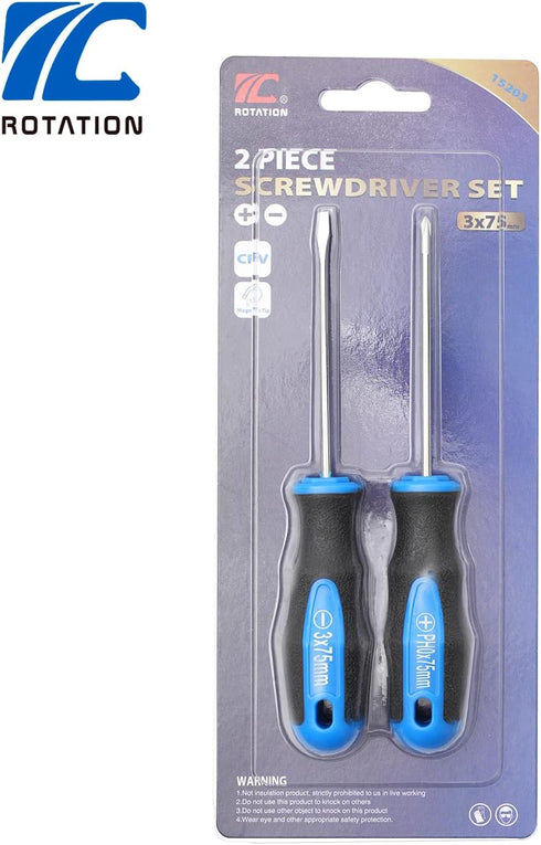 ROTATION 2-Piece Magnetic Screwdrivers Set with Nichrome tip, 1 Phillips and 1 Slotted Tips, Professional Cushion Grip Screwdriver Set with High T...