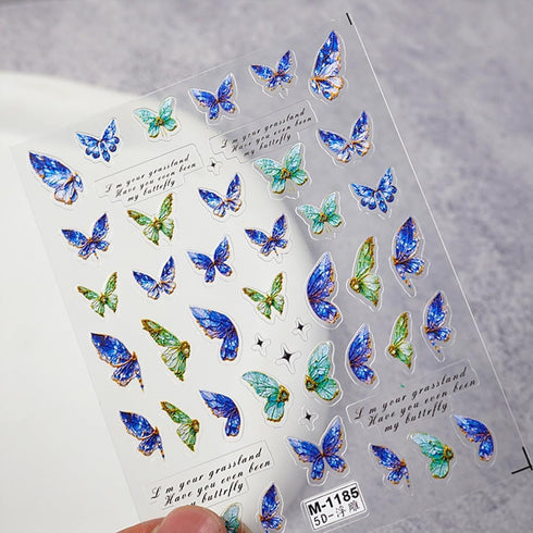 Butterfly Nail Art Stickers Decals 5D Embossed Butterfly Nail Decals Acrylic Engraved Design Nail Stickers Blue and Green Butterfly Self-Adhesive ...