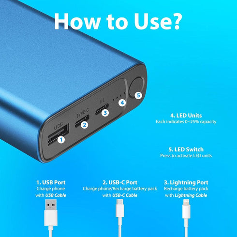 Miady USB-C 18W PD 3.0 Portable Charger 20000mAh, Fast Charging Power Bank/w MFi Certified Lightning Cable and 18W PD Charger, Power Pack Compatib...
