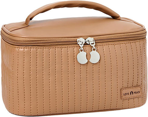 Travel Portable Cosmetic Bag Brown Makeup Bag Cute Makeup Case Organizer Toiletry Bag for Women PU Leather Waterproof (Coffee, Small)......