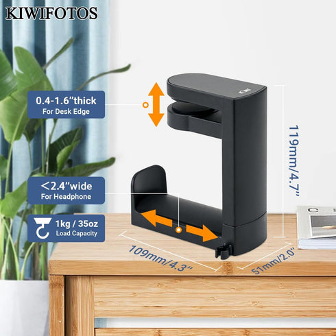 KIWIFOTOS Headphone Stand Holder Under Desk, PC Gaming Headset Hook Hanger Mount with 360 Adjustable Rotating Arm Clamp & Built in Cable Clip - Bl...