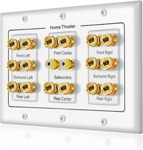5 6 7.1/7.2 or 8.1/8.2 One or Two Subwoofer Compatible 16 Banana Post and 2 RCA Speaker Wall Plate for Home Theater Audio...