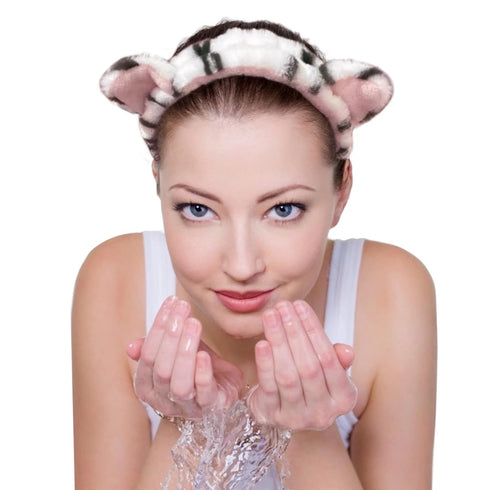 2 PCS Women Animal Ear Tiger Print Fuzzy Hairband Makeup Headband Elastic Stretch Head Wrap for Skincare Spa...
