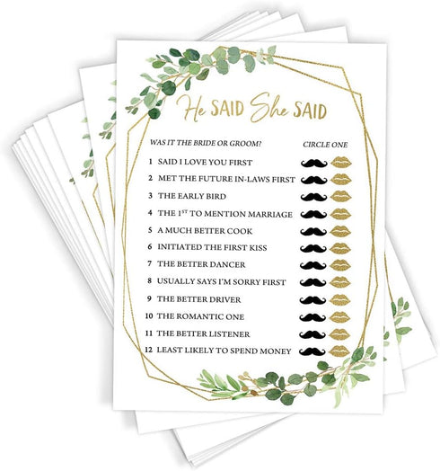 Printed Party Bridal Shower Games – He Said She Said Game with Fun Bride and Groom Trivia, Wedding Shower Activity, Botanical Greenery Theme, 50 G...