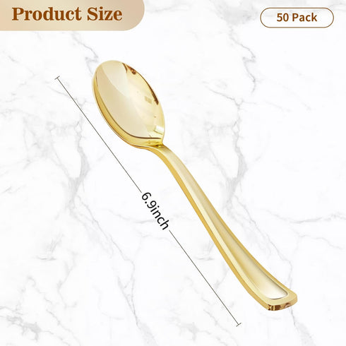 50 Pack 6.9 Inch Gold Plastic Spoons, Heavy Duty Plastic Silverware, Heavyweight Gold Disposable Spoons, Disposable Serving Utensils for Catering,...
