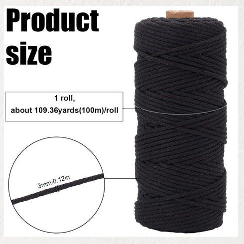 SUNNYCLUE 109 Yards/100m 3mm Black Cotton Strings Beading Cotton Cord Twisted Twine String Thread Findings for Jewelry Making Supplies DIY Bracele...