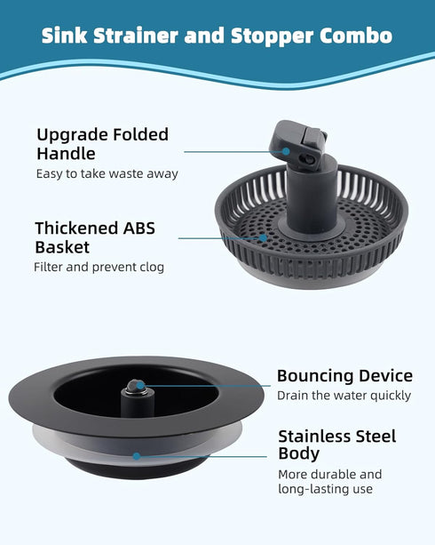 2PCS Black Kitchen Sink Strainer Stopper Combo 3-in-1 Pop Up Sink Drain with Stainless Steel Shell for US Standard 3-1/2 inch Drain Filter, Anti-c...