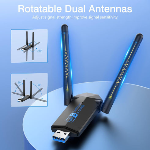 USB WiFi Adapter, ElecMoga 1300Mbps WiFi Dongle USB 3.0 Dual Band 5G/2.4G Wireless Network Adapter for Desktop Laptop PC, Dual 5dBi Antennas, Supp...