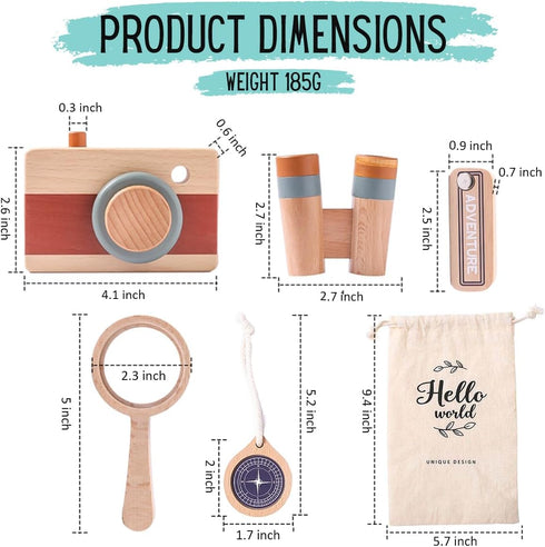 Kids Explorer Kit - Outdoor Pretend Play Kit for Kids - Montessori Outdoor Toys with Wooden Camera Toy, Magnifying Glass, Binoculars, Compass - Ca...