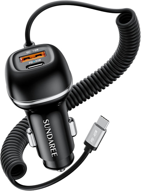 SUNDAREE USB C 96W Super Fast Car Charger PD & QC3.0 with 5ft 45W Type C Coiled Cable, Car Phone Charger Adapter for iPhone 15 14 13 12 11 Pro Max...
