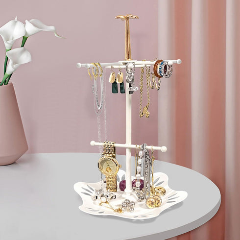 Jewelry Holder Organizer, Jewelry Display Stand with Metal Round Ring Tray, Necklace Earring Bracelet Tower Display Rack Hanging Storage Tree (IVO...