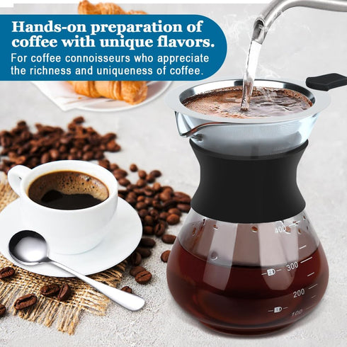 Pour Over Coffee Maker, Portable Drip Coffee Brewer with Reusable Stainless Steel Conical Filter, Glass Carafe Pot with Silicone Protective Cover ...