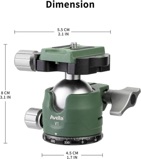 V1 DSLR Camera Tripod Ball Head 38MM, 360 Degree Swivel,U-Shaped Groove Design, for Canon Nikon Sony Olympus Panasonic DSLR Camera-Green...