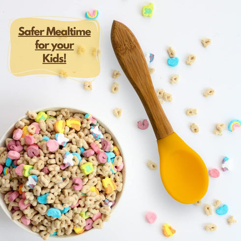 Baby Spoons Bamboo Feeding Spoon 5.5" with Silicone Tip BPA Free Toddler Food Spoons Yellow 2 PACK...