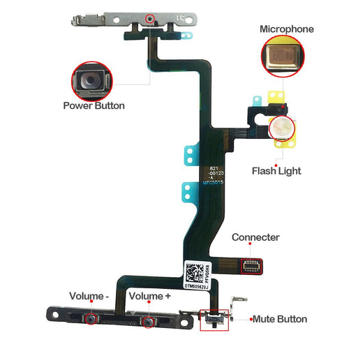Johncase New OEM Power Volume Button Control Switch On/Off + Flash Light + Mic + Mute Connector Flex Cable w/Bracket Replacement Parts Compatible ...