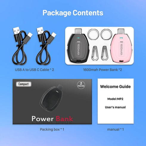 2-Pack Keychain Portable Charger for iPhone, 1600mAh Mini Power Emergency Pod Ultra-Compact External Power Bank Battery Pack, Key Ring Cell Phone ...