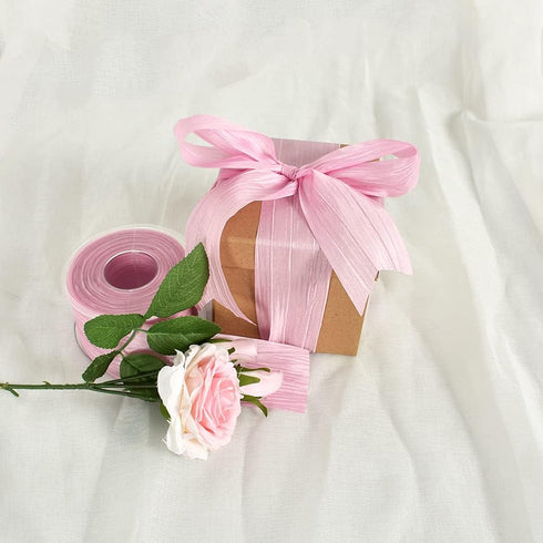 TONIFUL 2 Inch x 25 Yards Wide Pink Crinkled Ribbon Silk-Like Wrinkled Ruffled Woven Solid Ribbons for Crafts Floral Bouquets Rustic Wedding Decor...