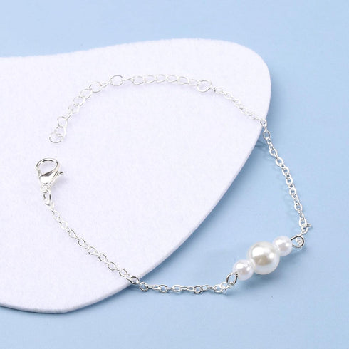 Boho Pearl Bracelet Silver Three Pearl Chain Bracelet Freshwater Pearl Bracelet Everyday Bracelet Minimalist Hand Chain Jewelry for Women and Girl...