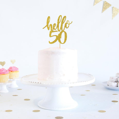 Hello 50 Cake Topper - 50th Birthday / 50th Anniversary Party Cake Decoration, 50th Birthday / 50th Anniversary Party Decorations Supplies (Gold, ...
