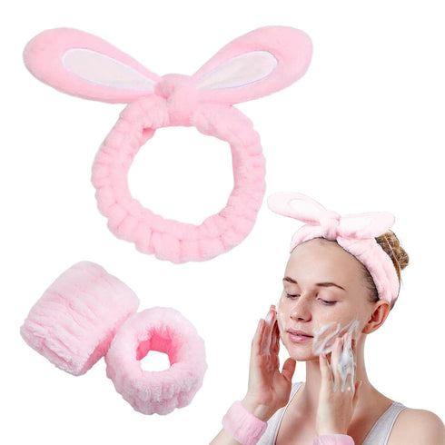 3-Pack Spa Headband and Wristband Set,Soft Plush Makeup Skincare Headband Wrist Bands Cute Bunny Rabbit Ears Face Wash Headband and Towel Wristban...