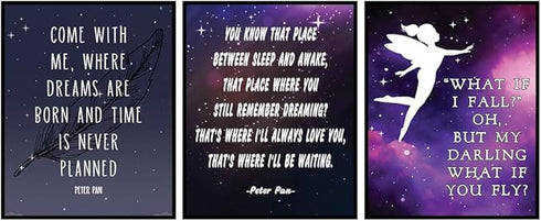 Posterizer 3 pcs-Purple Girly Peter Pan, Fairies Cartoon Quotes-Kids Room Art-Quotes- Decor for nursery toddlers kids room- unframed wall art...