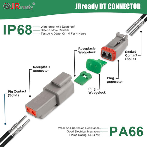 JRready DT Deutsch Connector 2 Pin IP68 Waterproof 6 Kits - ST6430-02-06 Automotive Electrical Wire Connectors with Size 16 Solid Contacts for Car...