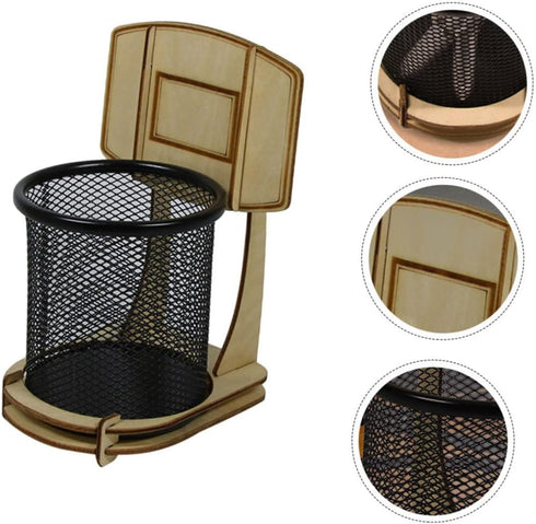 Basketball Stand Pen Holder Kid Pencils Mesh Wire Pencil Cup Holder Mesh Pen Holder Basketball Pen Holder Child Desk Kids Office Wood Grain Storag...