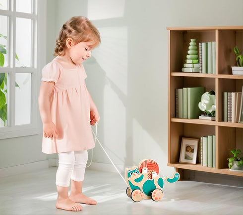 Hape Wooden Walk-A-Long Kitten Pull Toy| Roll & Rattle Push Pull Toy for Toddler| Montessori Toys for Walking Toddlers, Green...