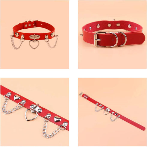 Red Leather Choker Collar with Chain Leash Set Adjustable Soft PU Heart Pendant Necklace for Women Ladies Pet Dogs Cats...