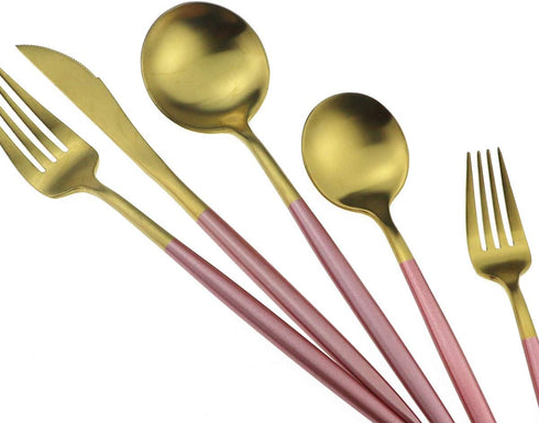 Gugrida Pink Gold Flatware, Royal 5 Piece Matte Pink Handle 18/10 Stainless Steel Tableware Sets for 1 Including Forks Spoons Knives, Camping Silv...
