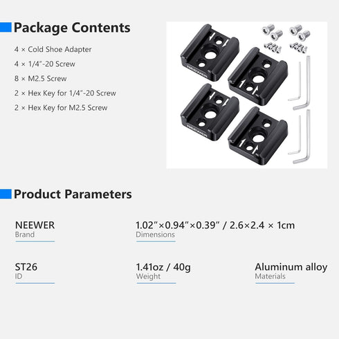 NEEWER 4 Pack Cold Shoe Mount Adapter, Cold Shoe Bracket with 1/4" Thread, Compatible with SmallRig DSLR Camera Cage Microphone LED Light Monitor ...