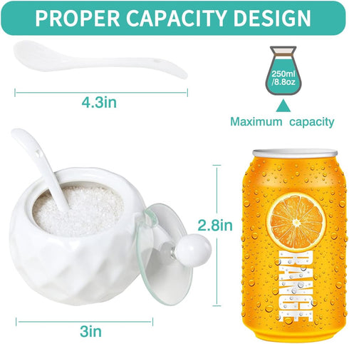 Ceramic Sugar Bowl, Kitchenexus Modern Porcelain Sugar Bowl with Glass Clear Lid and Spoon 8.8oz/250ml in White Rhombus Shape, Suit for Coffee Bar...