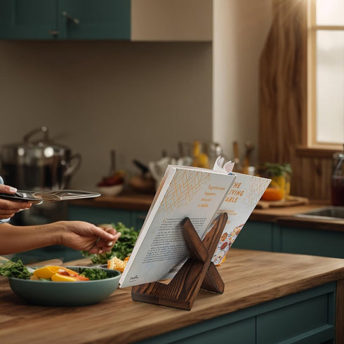 Rustic Cookbook Holder Stand for Kitchen, Recipe Book Holder for Kitchen Counter, Wooden Kitchen Book Holder, Rustic Cook Book Holder Stand with N...