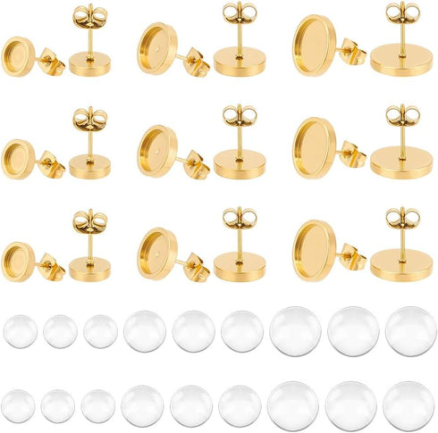 UNICRAFTALE 18 Sets 3 Sizes Stainless Steel Stud Earring Findings Stud Earring Cabochons Tray 6/8/10mm Golden DIY Blank Dome Earring Making Kits w...
