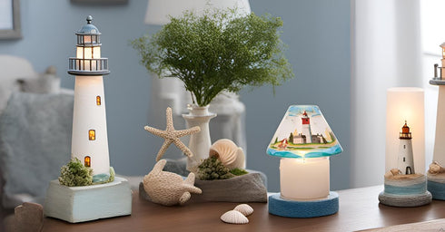 Jar Candle Shade - Hand Painted Glass Lighthouse Beach Scene Candle Topper, 4 x 6-Inch, Seashore...