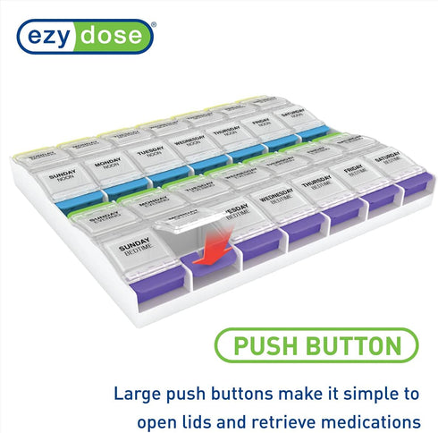 Ezy Dose Weekly (7-Day) Pill Organizer, Vitamin and Medicine Box, 2X-Large Push Button Compartments, 4 Times a Day, Clear Lids...