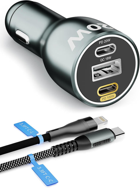 120W USB C Car Charger All-Metal PD3.0 100W/20W+18W 3 Ports Car Laptop Charger Compatible with MacBook,iPhone 15/14/13,Samsung Galaxy S23/22,Googl...