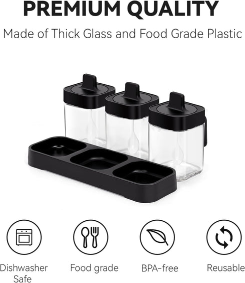 Salt and Sugar Container Set, 3Pcs Spice Jars with Spoon | 13.5oz Condiment Jar Spice Container for Salad, Coffee Bar Kitchen Countertop - Black...