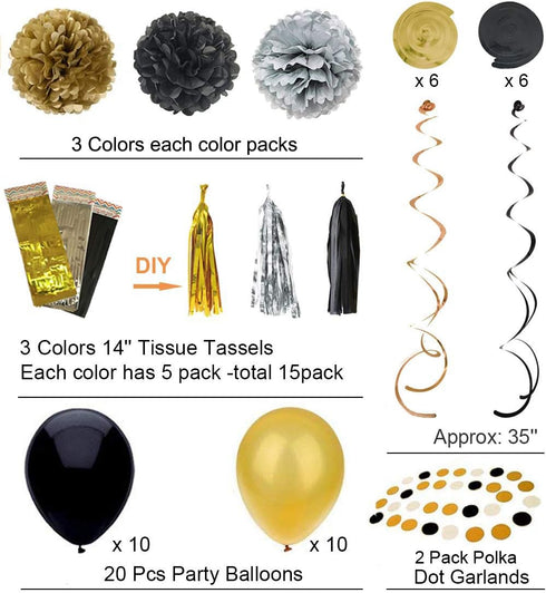 Black and Gold Party Decorations - DIY Tissue Paper Pom Poms Flowers, Tassel, Balloons, Hanging Swirl, Paper Circle Garland for Graduation and Ret...