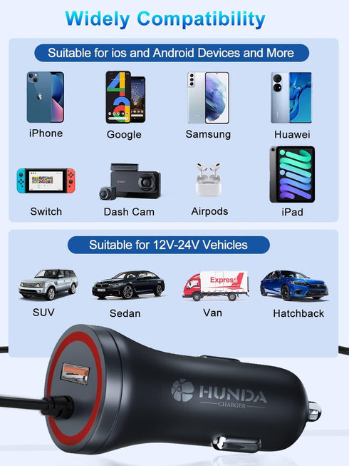 HUNDA iPhone Car Charger 48W Super Fast Car Phone Charger Cigarette Lighter USB Car Adapter with Build-in 5FT Coiled Lightning Cable Compatible wi...