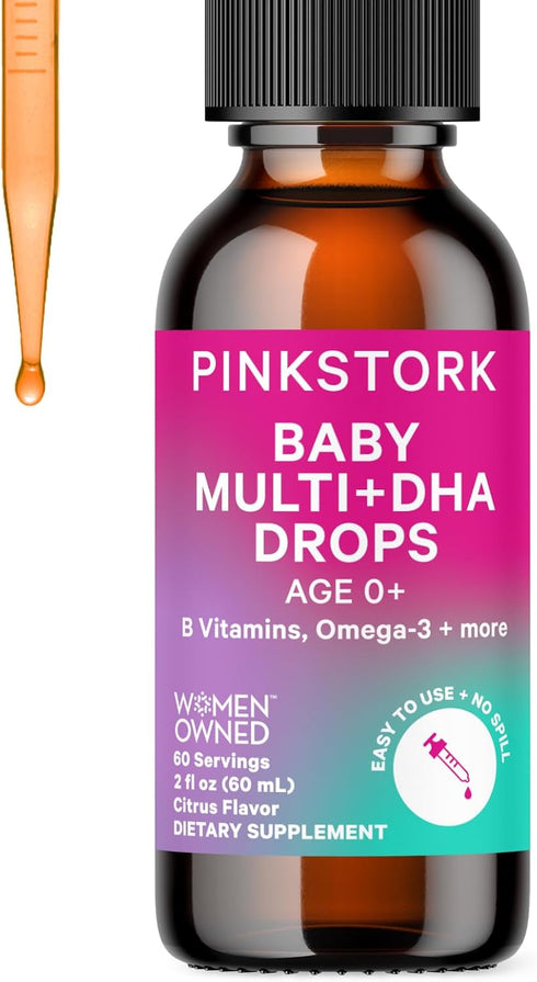 Pink Stork Baby Liquid Multivitamin Drops, Baby & Toddler Vitamin Drops with DHA, Vitamin C, D, B12 and Choline to Support Brain Health and Immune...