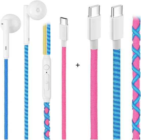 URIZONS 2packs Braided USB C Earphones, Colorful Earbuds, in Ear Headphones with Mic + USB C to USB C PD charging cables 2 Hours full Charged suit...