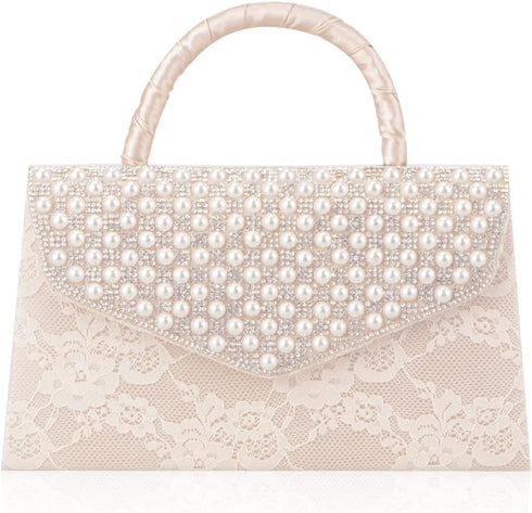 Pearl Clutch Bride Bag and Lace Eenvelope Purse for Women Evening Prom Clutch Handbags Beaded Wedding Purses for Women Formal Clutch Purse,Beige...