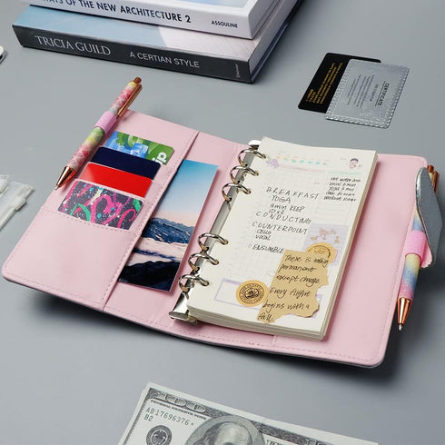 A6 Binder Cover Glitter White PU Leather Binder Cover Refillable 6-Ring Planner Budget Binders Loose-Leaf Notebook Binder Covers with Magnetic Buc...