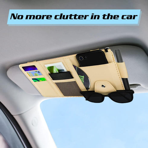 Car Sun Visor Organizer, Leather Pocket Organizer Sunglass Holder for Car Interior Accessories with Multi-Pocket Net Zipper (Beige)...
